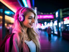 woman in futuristic clothes enjoys leisurely stroll through neon city streets AI Generative photo