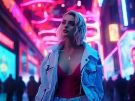 woman in futuristic clothes enjoys leisurely stroll through neon city streets AI Generative photo