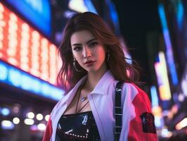 woman in futuristic clothes enjoys leisurely stroll through neon city streets AI Generative photo