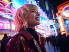 woman in futuristic clothes enjoys leisurely stroll through neon city streets AI Generative photo