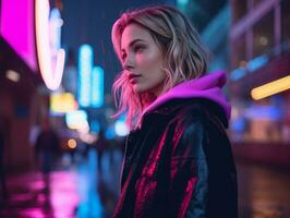 woman in futuristic clothes enjoys leisurely stroll through neon city streets AI Generative photo