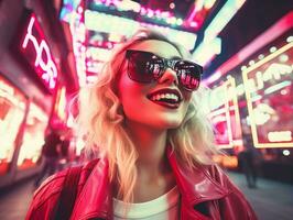 mujer en futurista ropa disfruta sin prisa paseo mediante neón ciudad calles ai generativo foto