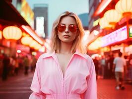woman in futuristic clothes enjoys leisurely stroll through neon city streets AI Generative photo
