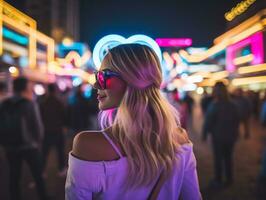 woman in futuristic clothes enjoys leisurely stroll through neon city streets AI Generative photo