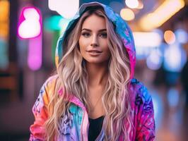 woman in futuristic clothes enjoys leisurely stroll through neon city streets AI Generative photo