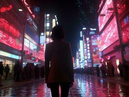 woman in futuristic clothes enjoys leisurely stroll through neon city streets AI Generative photo