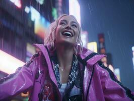 woman in futuristic clothes enjoys leisurely stroll through neon city streets AI Generative photo