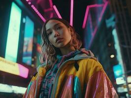 woman in futuristic clothes enjoys leisurely stroll through neon city streets AI Generative photo