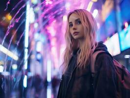 woman in futuristic clothes enjoys leisurely stroll through neon city streets AI Generative photo