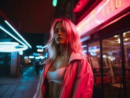 woman in futuristic clothes enjoys leisurely stroll through neon city streets AI Generative photo