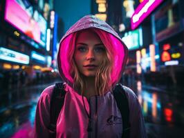 woman in futuristic clothes enjoys leisurely stroll through neon city streets AI Generative photo