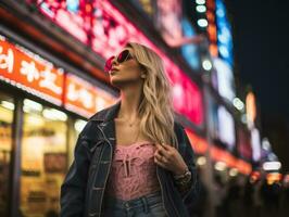 mujer en futurista ropa disfruta sin prisa paseo mediante neón ciudad calles ai generativo foto