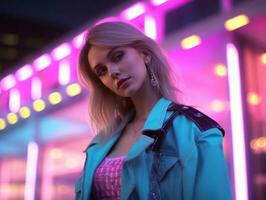 woman in futuristic clothes enjoys leisurely stroll through neon city streets AI Generative photo