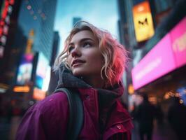 woman in futuristic clothes enjoys leisurely stroll through neon city streets AI Generative photo