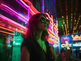 woman in futuristic clothes enjoys leisurely stroll through neon city streets AI Generative photo