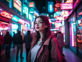 woman in futuristic clothes enjoys leisurely stroll through neon city streets AI Generative photo