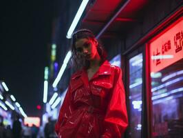 woman in futuristic clothes enjoys leisurely stroll through neon city streets AI Generative photo