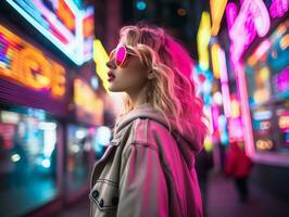 woman in futuristic clothes enjoys leisurely stroll through neon city streets AI Generative photo