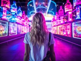 woman in futuristic clothes enjoys leisurely stroll through neon city streets AI Generative photo