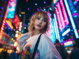 woman in futuristic clothes enjoys leisurely stroll through neon city streets AI Generative photo