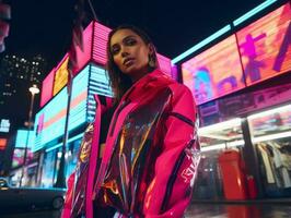 woman in futuristic clothes enjoys leisurely stroll through neon city streets AI Generative photo