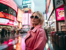 woman in futuristic clothes enjoys leisurely stroll through neon city streets AI Generative photo