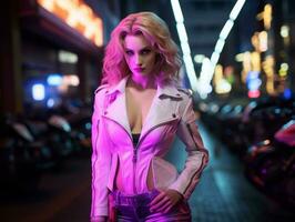 woman in futuristic clothes enjoys leisurely stroll through neon city streets AI Generative photo