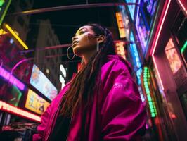 woman in futuristic clothes enjoys leisurely stroll through neon city streets AI Generative photo
