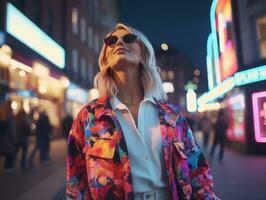 woman in futuristic clothes enjoys leisurely stroll through neon city streets AI Generative photo