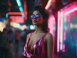 woman in futuristic clothes enjoys leisurely stroll through neon city streets AI Generative photo