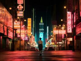 woman in futuristic clothes enjoys leisurely stroll through neon city streets AI Generative photo