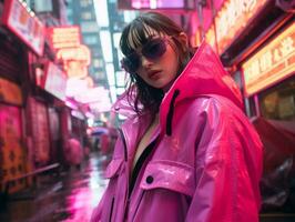 woman in futuristic clothes enjoys leisurely stroll through neon city streets AI Generative photo