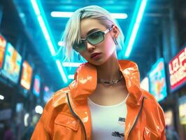 woman in futuristic clothes enjoys leisurely stroll through neon city streets AI Generative photo