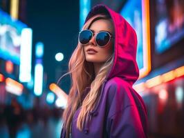 woman in futuristic clothes enjoys leisurely stroll through neon city streets AI Generative photo