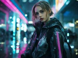 woman in futuristic clothes enjoys leisurely stroll through neon city streets AI Generative photo