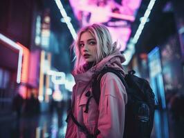 woman in futuristic clothes enjoys leisurely stroll through neon city streets AI Generative photo