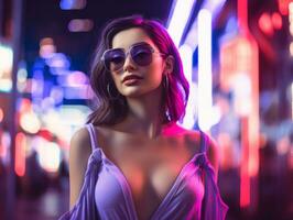 woman in futuristic clothes enjoys leisurely stroll through neon city streets AI Generative photo