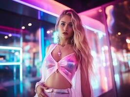 woman in futuristic clothes enjoys leisurely stroll through neon city streets AI Generative photo