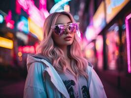 woman in futuristic clothes enjoys leisurely stroll through neon city streets AI Generative photo