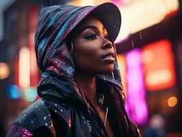 woman in futuristic clothes enjoys leisurely stroll through neon city streets AI Generative photo