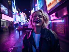 woman in futuristic clothes enjoys leisurely stroll through neon city streets AI Generative photo