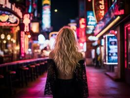 woman in futuristic clothes enjoys leisurely stroll through neon city streets AI Generative photo