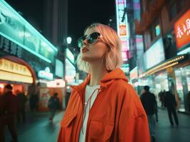 woman in futuristic clothes enjoys leisurely stroll through neon city streets AI Generative photo