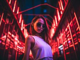 woman in futuristic clothes enjoys leisurely stroll through neon city streets AI Generative photo