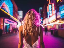 woman in futuristic clothes enjoys leisurely stroll through neon city streets AI Generative photo