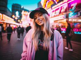 woman in futuristic clothes enjoys leisurely stroll through neon city streets AI Generative photo