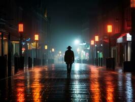 Man in future proof clothes enjoys a leisurely stroll through a neon lit city streets AI Generative photo