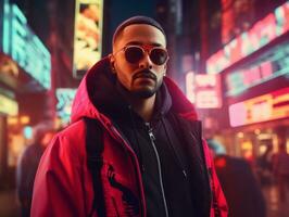 Man in future proof clothes enjoys a leisurely stroll through a neon lit city streets AI Generative photo