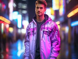 Man in future proof clothes enjoys a leisurely stroll through a neon lit city streets AI Generative photo