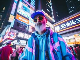 hombre en futuro prueba ropa disfruta un sin prisa paseo mediante un neón iluminado ciudad calles ai generativo foto